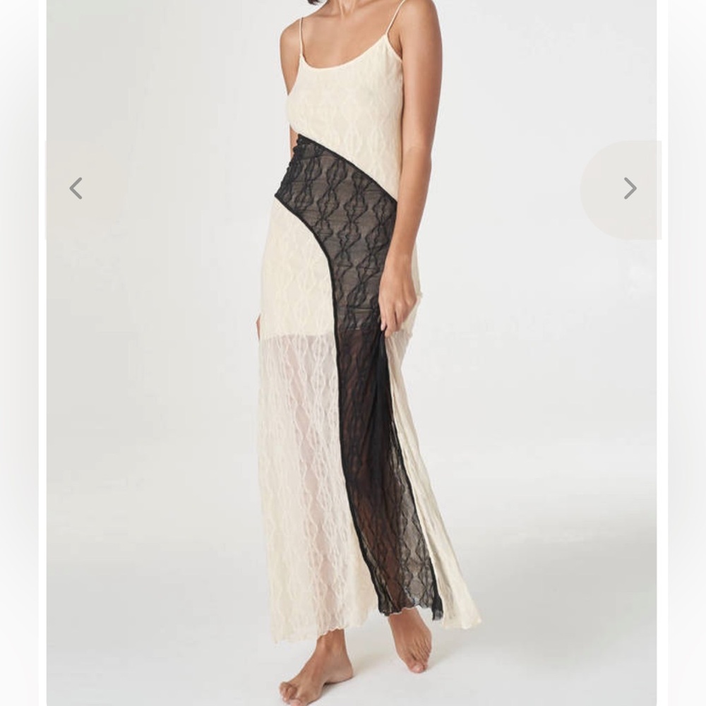 Sheer Lace Maxi Dress with Black Contrast Panel